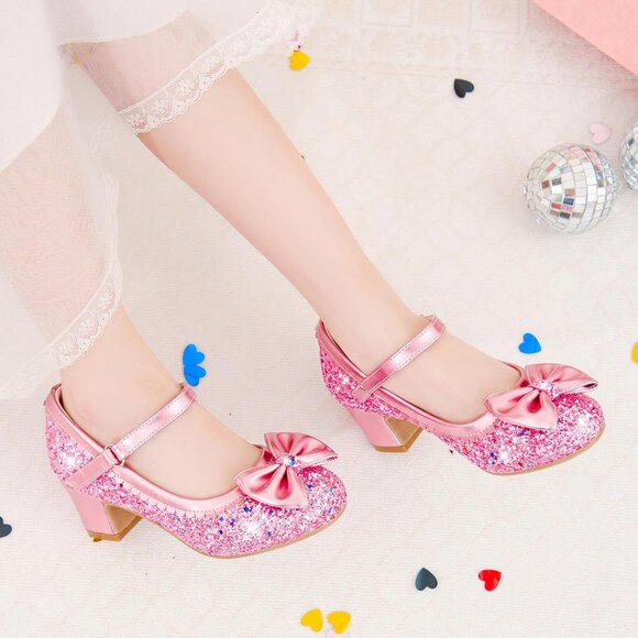 Girls Pink Sequins Cute Bow-knot Sparkle Mary Jane Flower Wedding Dress Shoes - Picture 7 of 7